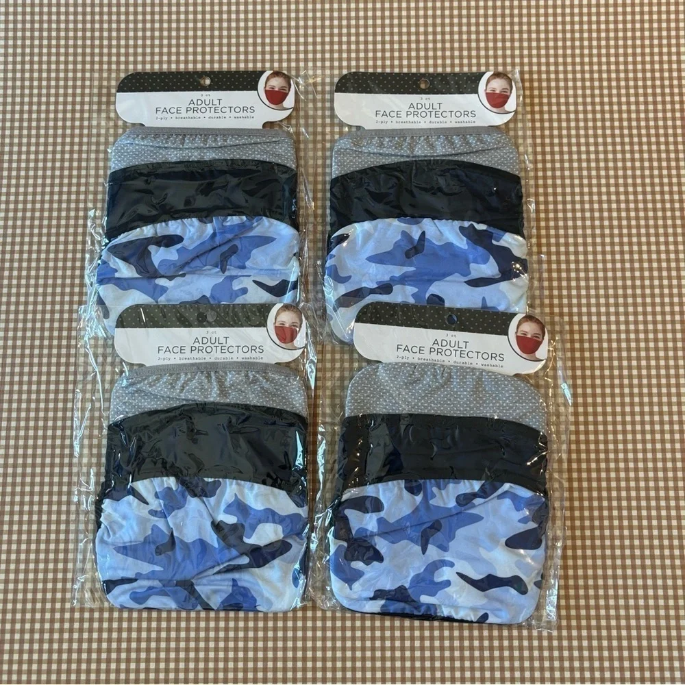 4 pack of Reusable adult size face masks. 12 MASKS. NEW. Camouflage. Dots. Solid